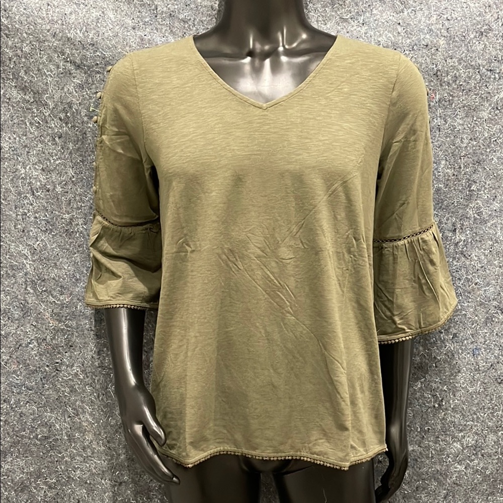 NEW J JIll WOMENS LARGE Moss Green 3/4 Button Sleeve Pull On V-Neck Shirt Tunic